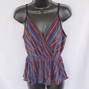 NWT MILEY MOLLY PEPLUM Striped Wrap Front Top sleeveless Blouse, metallic